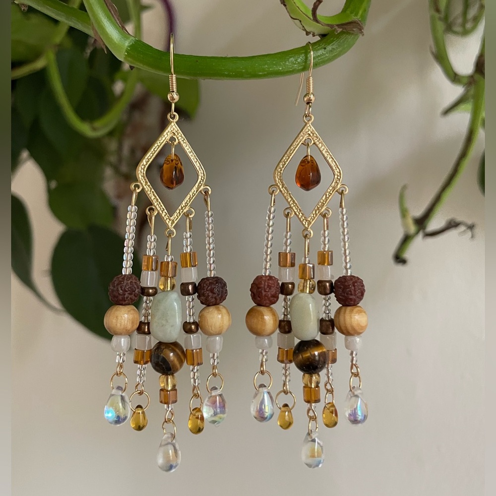 Handmade Gold Boho Earthy Chandelier Earrings
